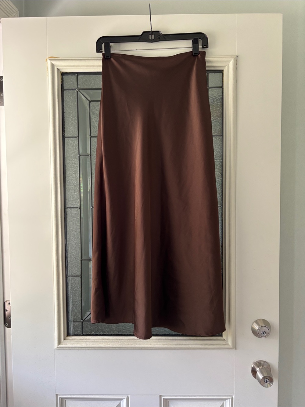 Brown Satin A-Line Midi Skirt